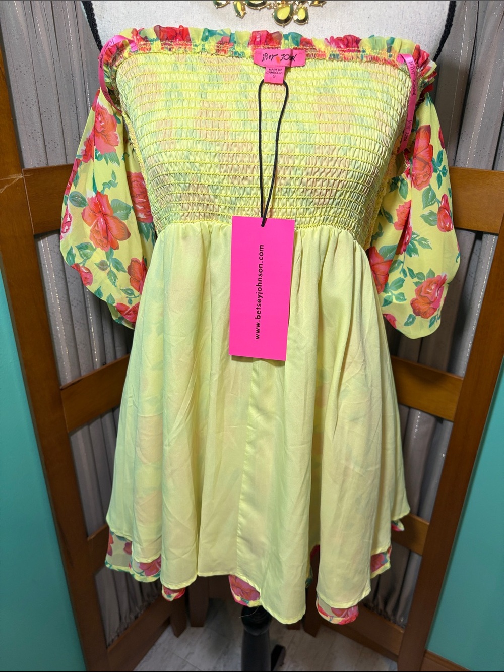 Betsey Johnson Yellow Mini Dress with Red Floral Print - Picture 15 of 15